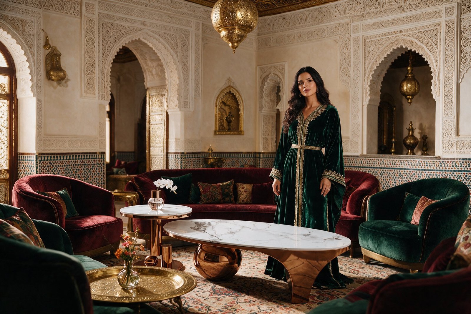 Femme en caftan vert émeraude dans un salon marocain traditionnel avec table de salon en marbre et cuivre Majesty Home