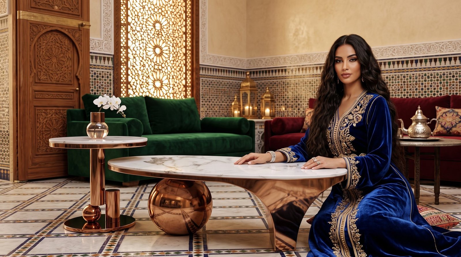 Élégance marocaine : caftan bleu roi et table basse ovale en marbre sur sphère cuivrée, décor zellige