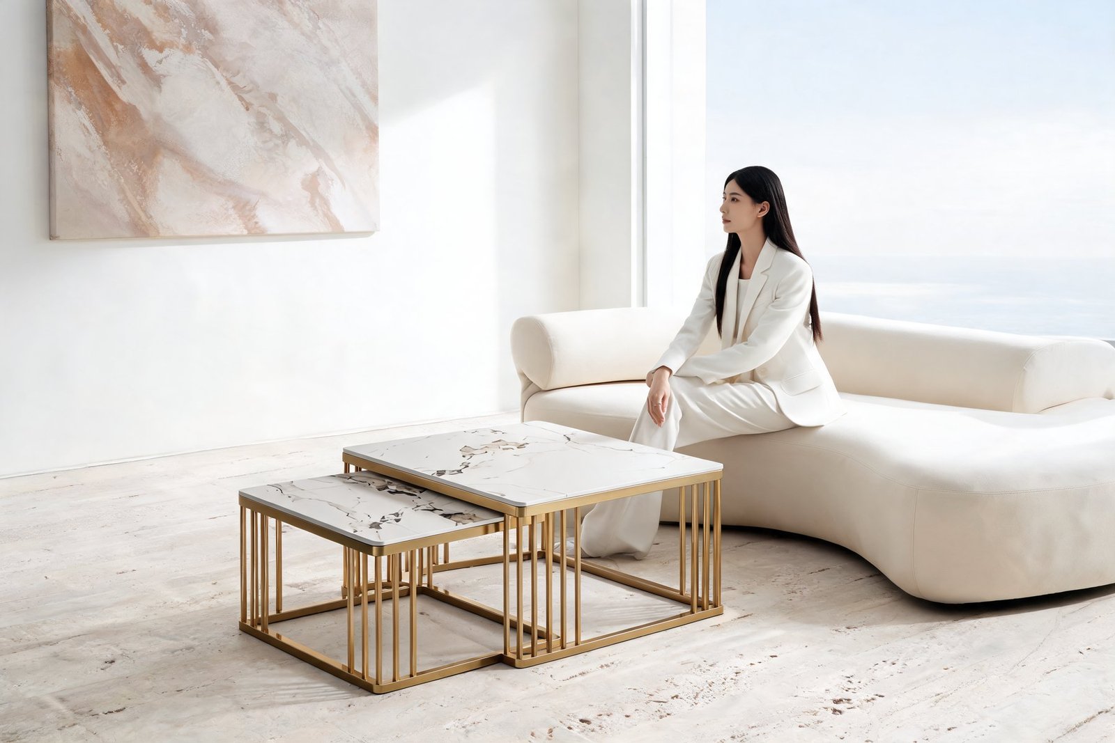 Campagne éditoriale : tables gigognes carrées en céramique marbrée et laiton doré, intérieur minimaliste lumineux