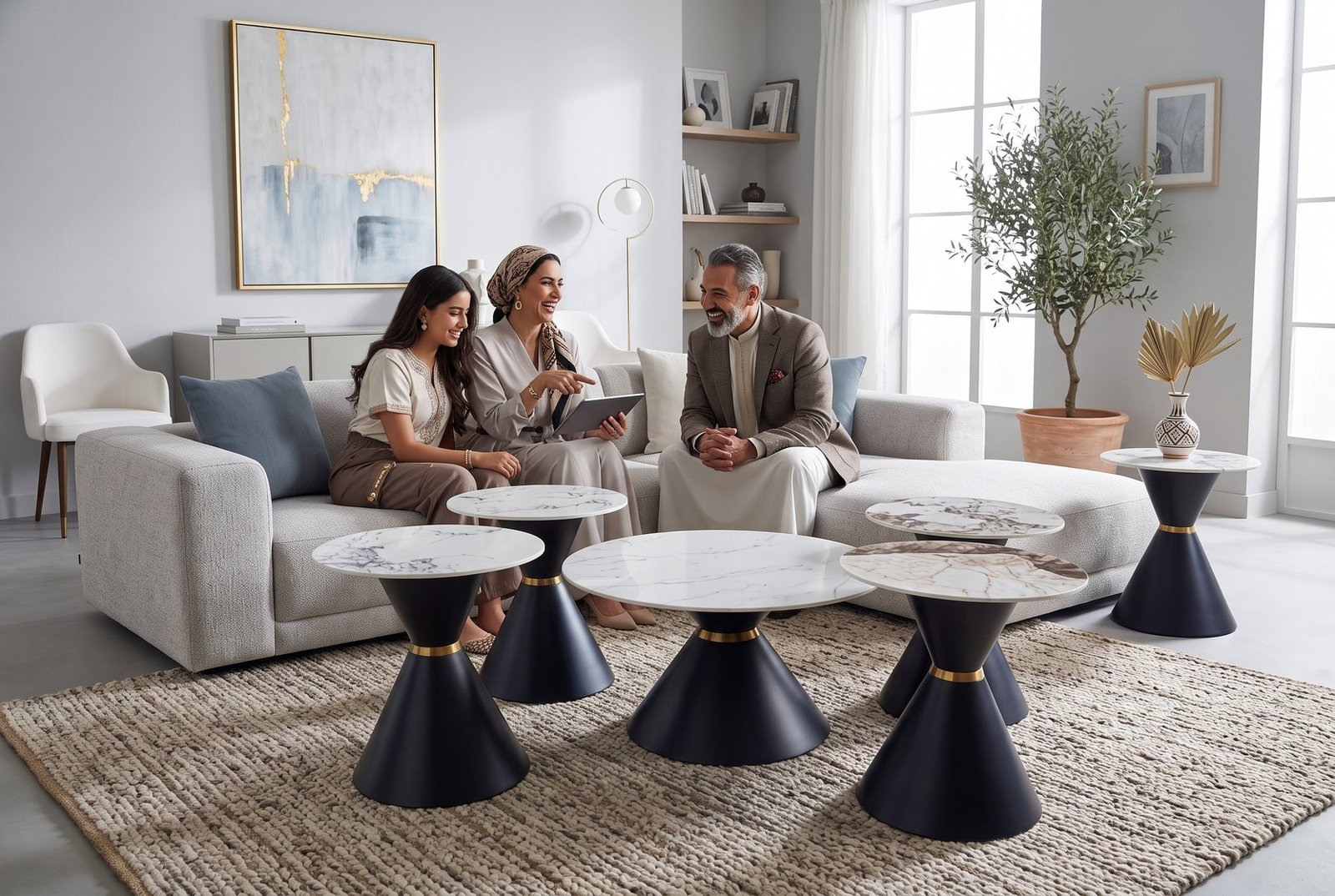 Trio de tables gigognes en bois massif cannelé dans un salon élégant baigné de lumière