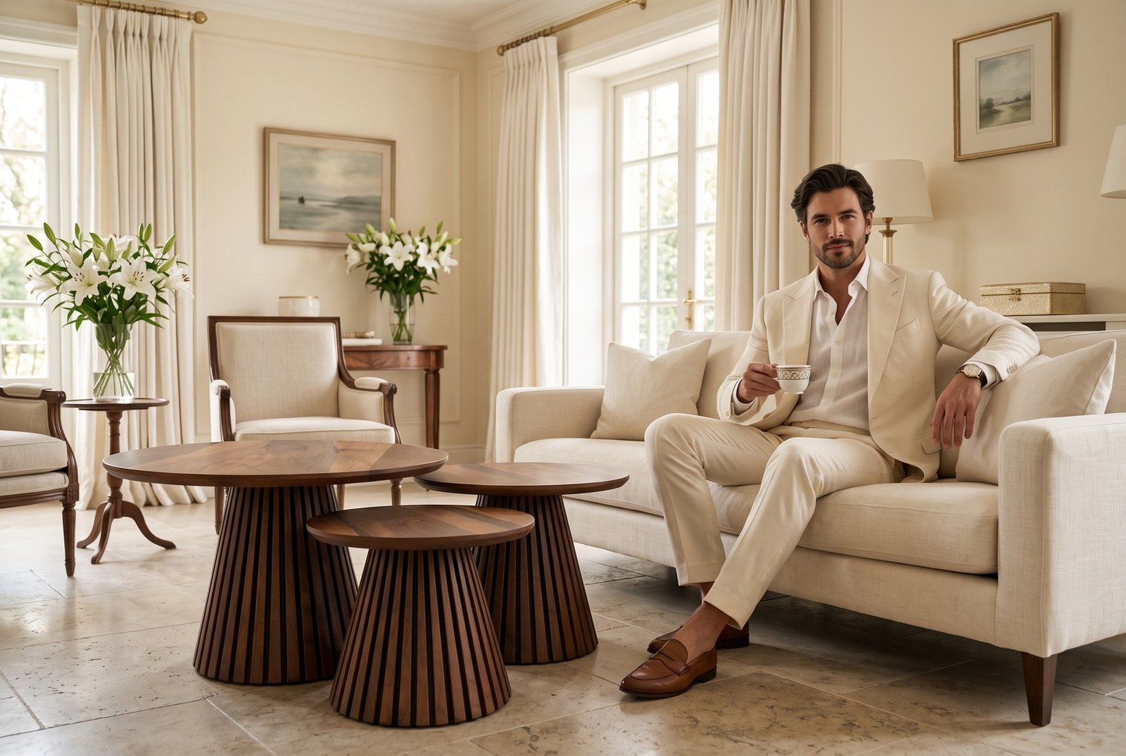 Salon feutré avec duo de tables rondes en marbre blanc et bases coniques en bois de rose
