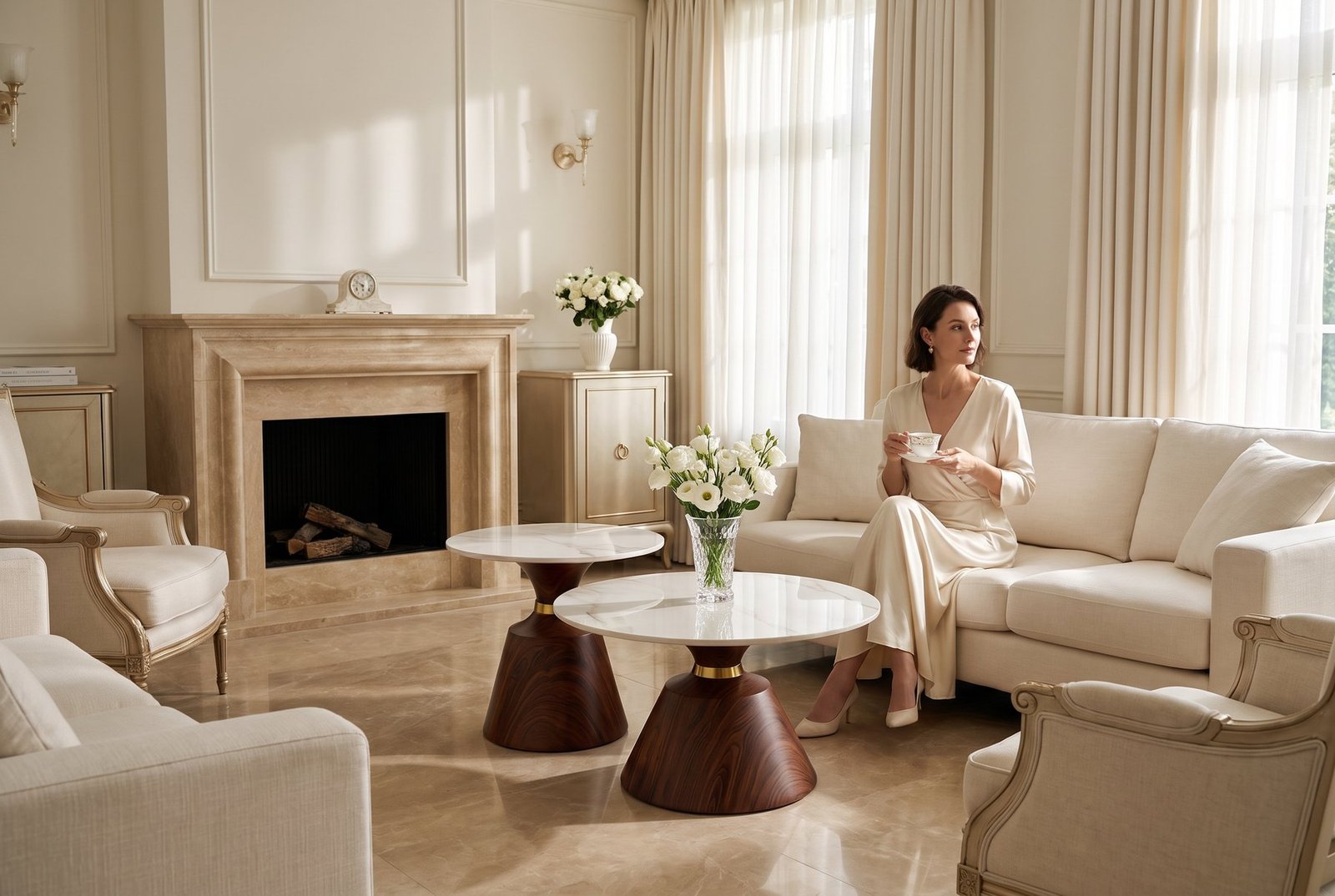 Penthouse à Casablanca au coucher du soleil avec table basse design en noyer et verre fumé