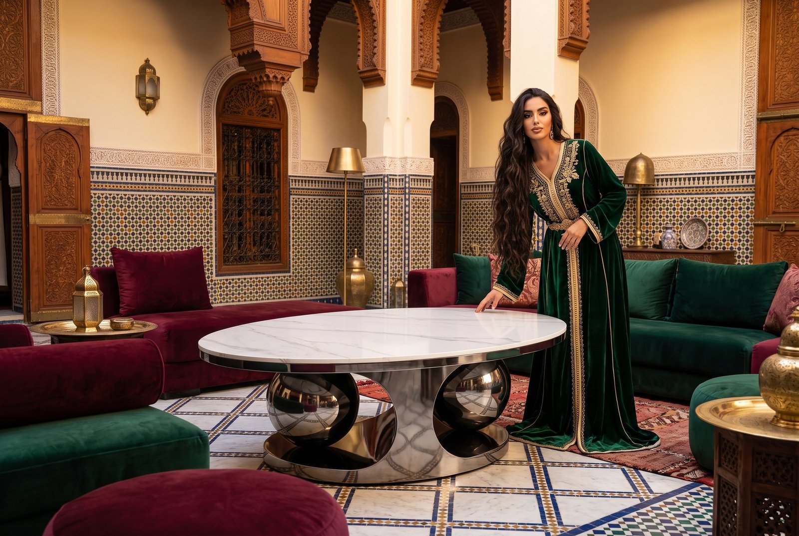 Famille marocaine réunie autour d'un ensemble de tables en marbre à bases coniques noires et laiton