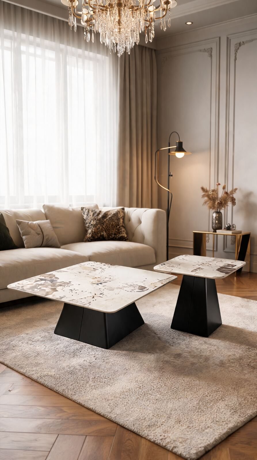 Duo Table de Salon — Céramique Effet Marbre