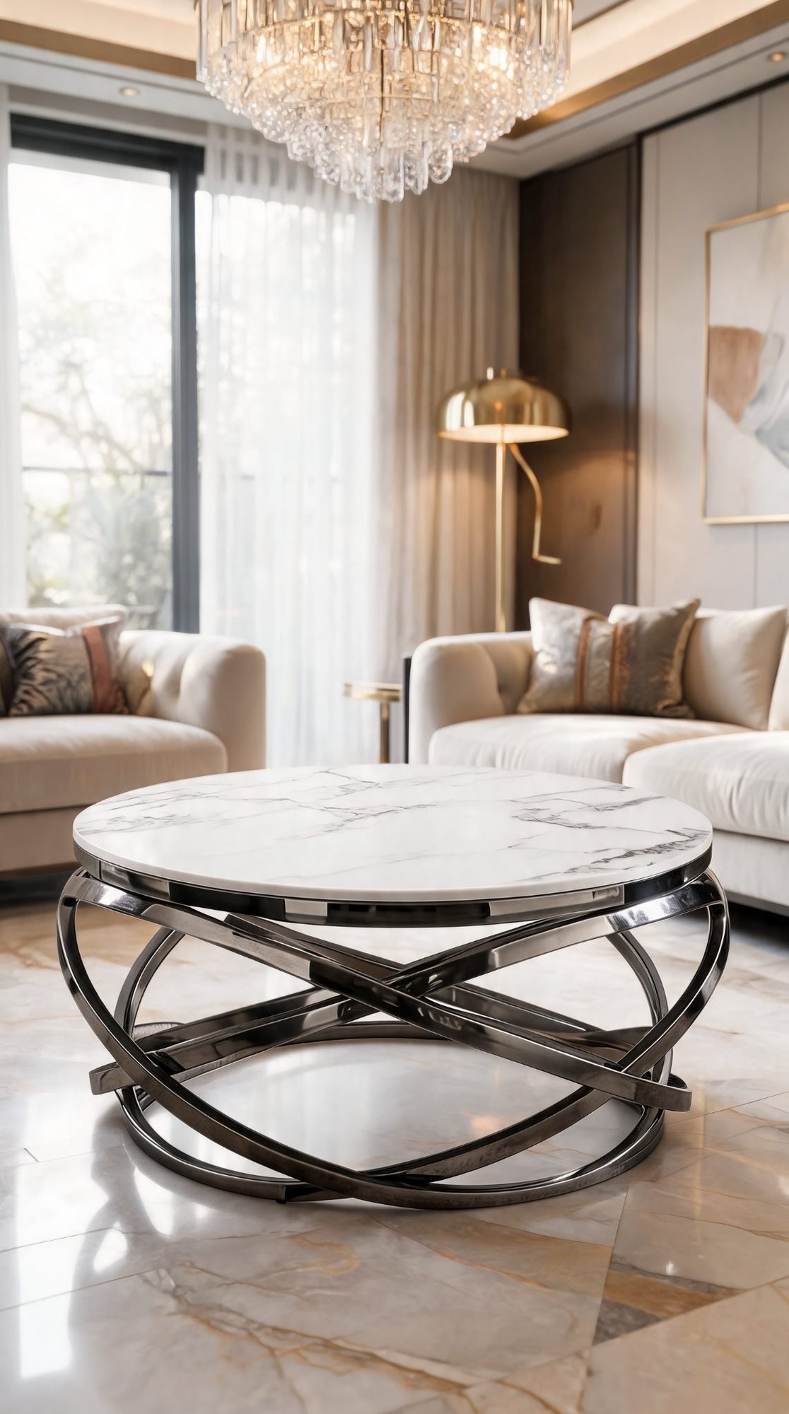 Table de Salon — Céramique & Cadre Inoxydable Entrelacé — Majesty Home Casablanca