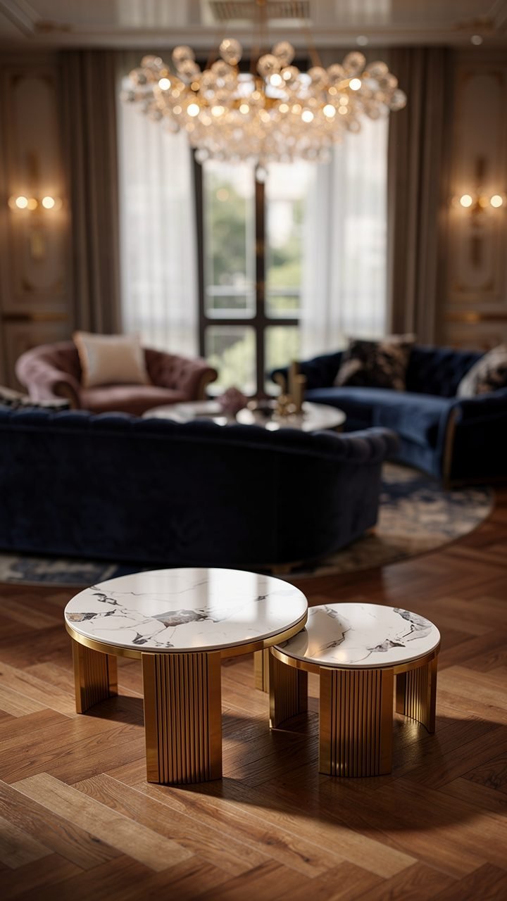 Duo Table Gigogne — Cadre Inoxydable Doré Cannelé & Céramique