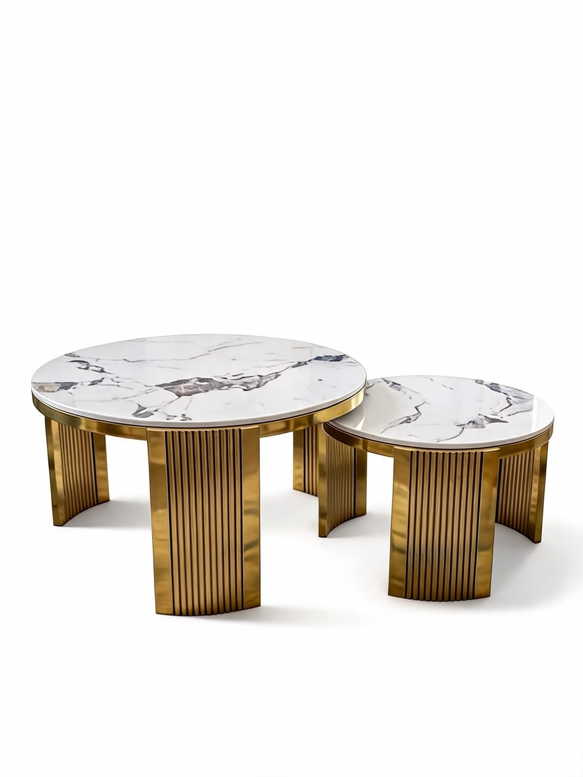 Duo Table Gigogne — Cadre Inoxydable Doré Cannelé & Céramique