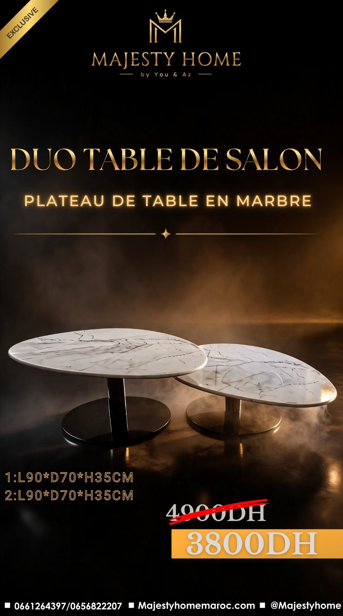 Duo Table de Salon — Plateau Organique en Marbre — Majesty Home Casablanca