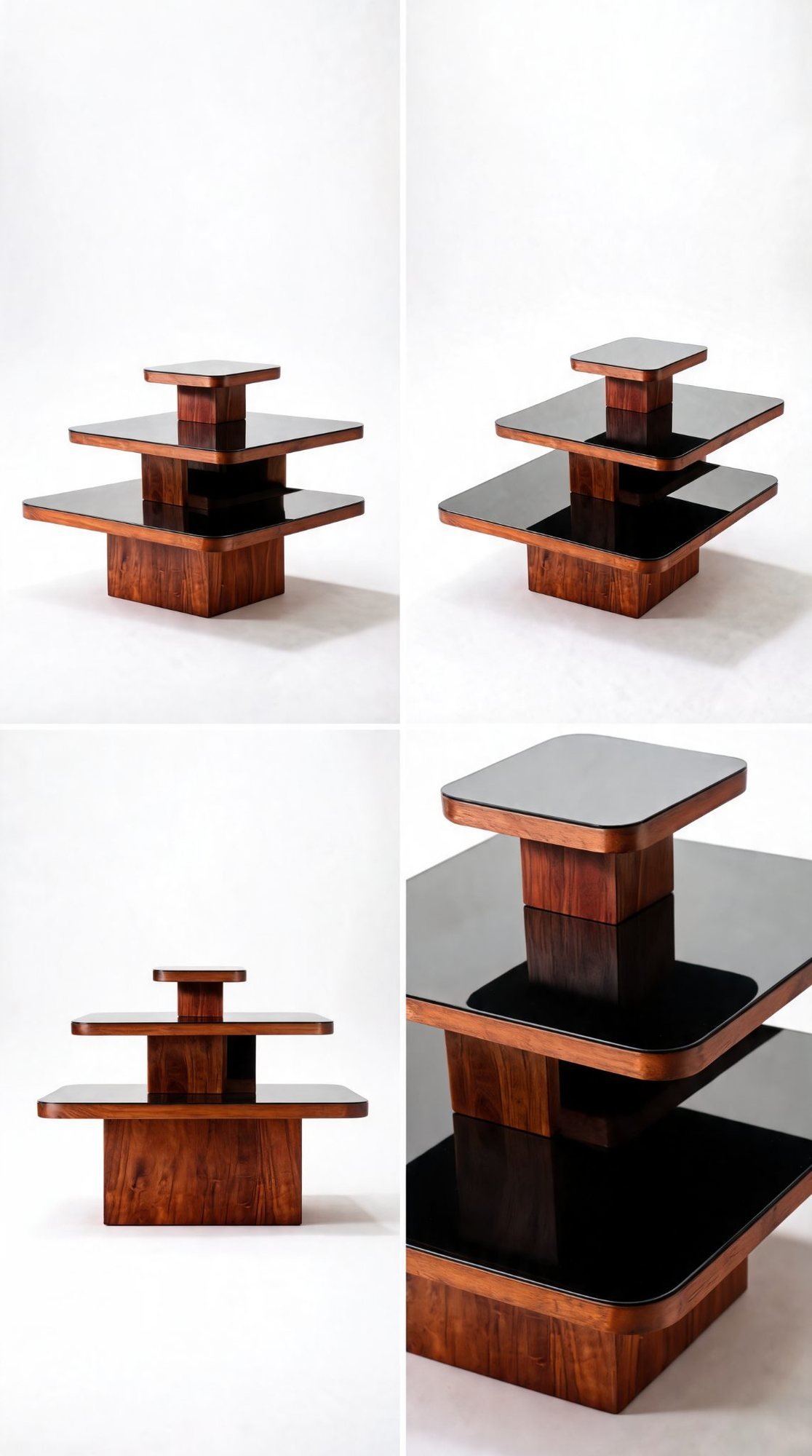 Trio Table Basse — Bois & Plateaux en Verre Étagés