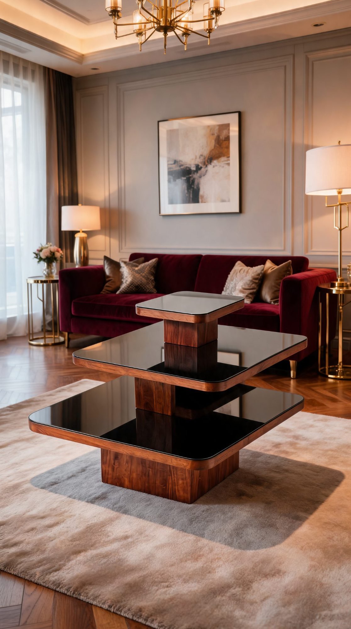 Trio Table Basse — Bois & Plateaux en Verre Étagés