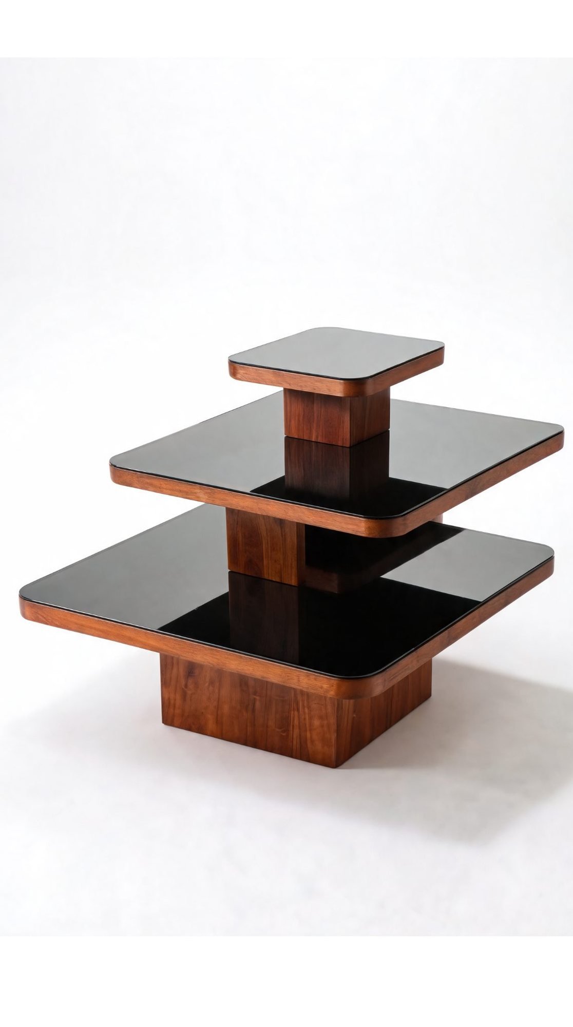 Trio Table Basse — Bois & Plateaux en Verre Étagés