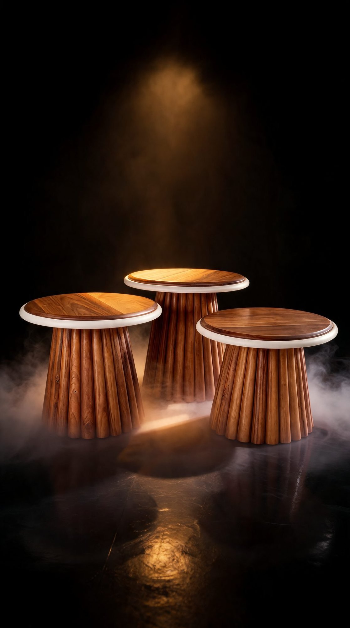 Trio Table Basse en Bois — Base Cannelée — Majesty Home Casablanca