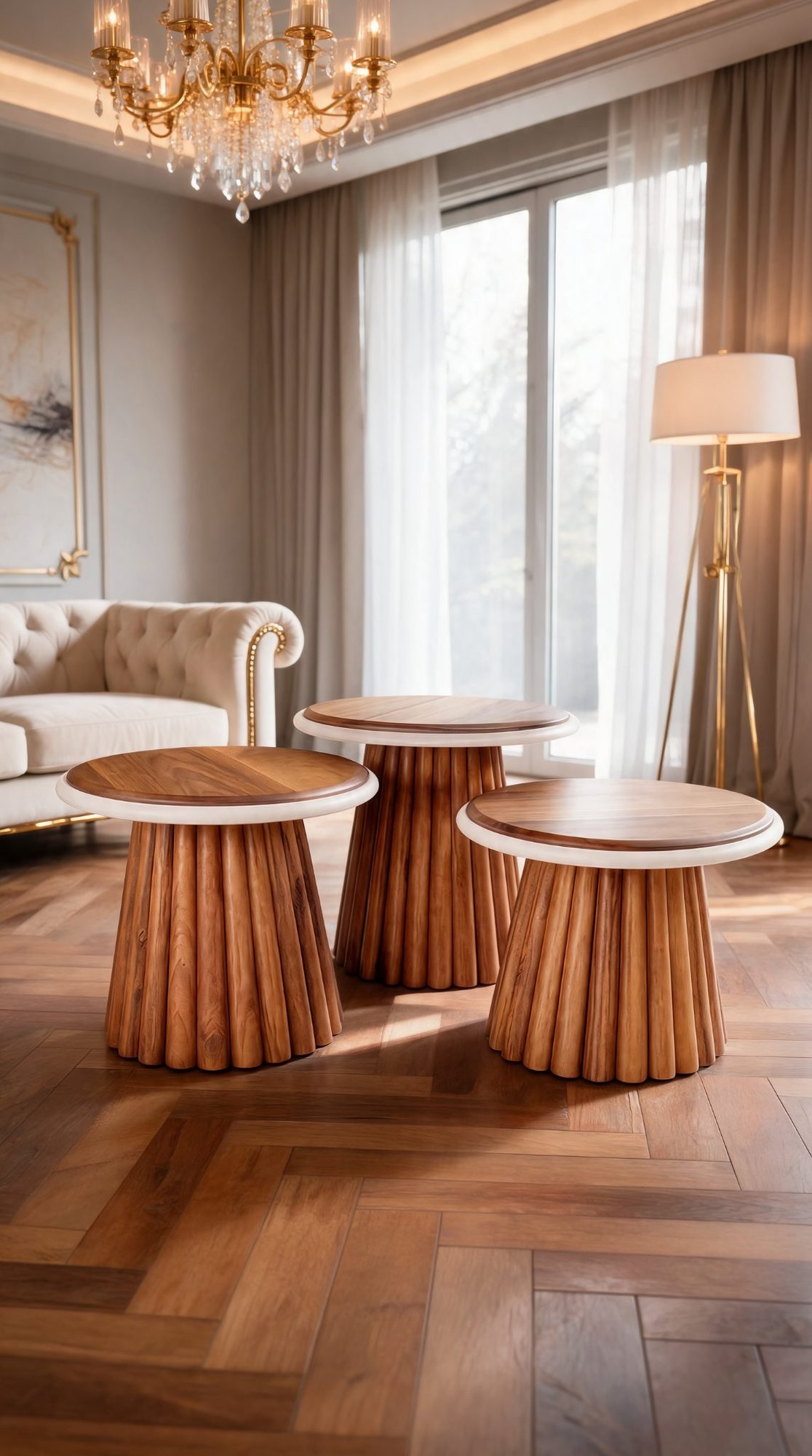 Trio Table Basse en Bois — Base Cannelée