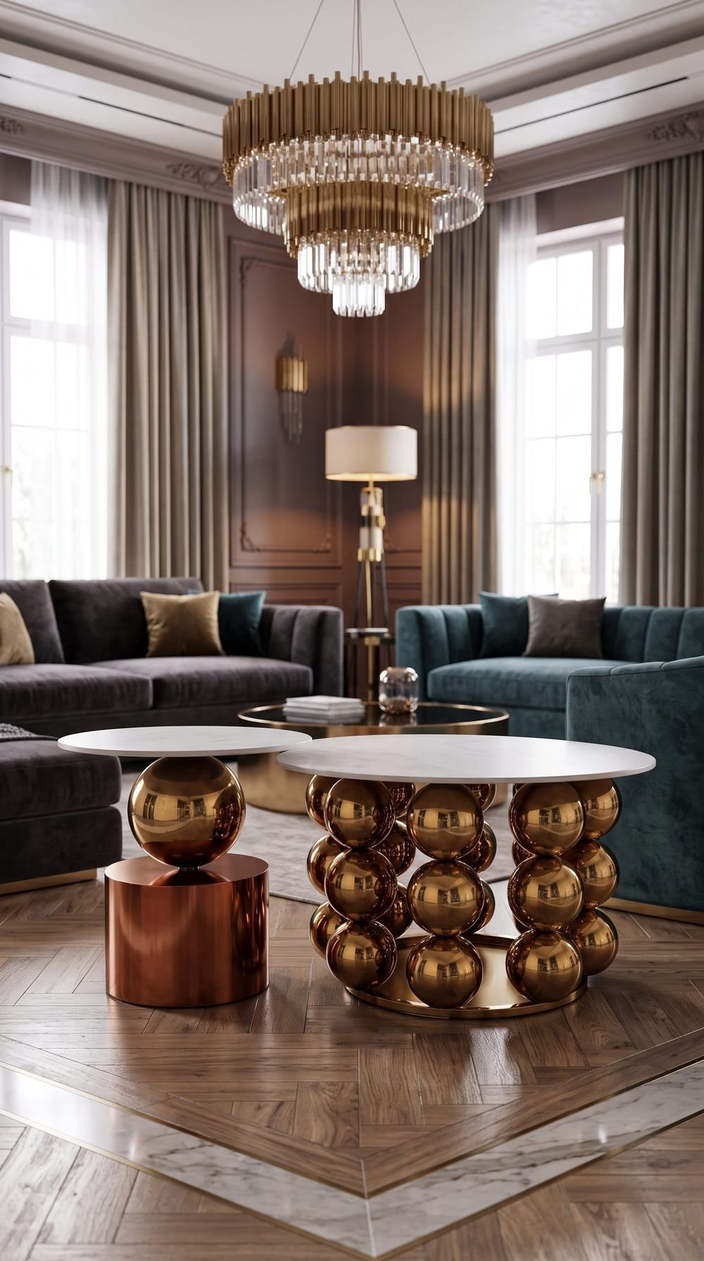 Duo Table de Salon — Sphères en Métal Doré & Plateau Céramique