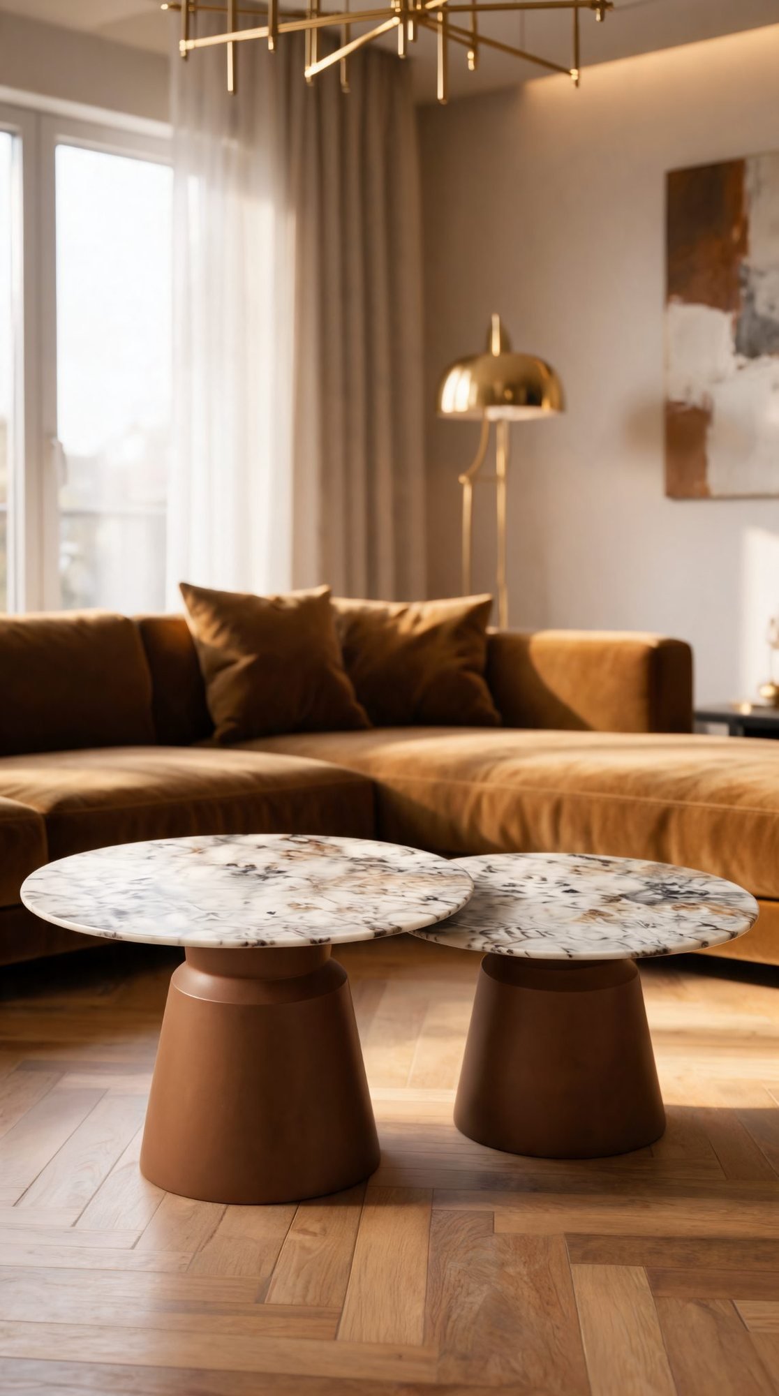 Duo Table de Salon — Plateau en Marbre & Base Terracotta