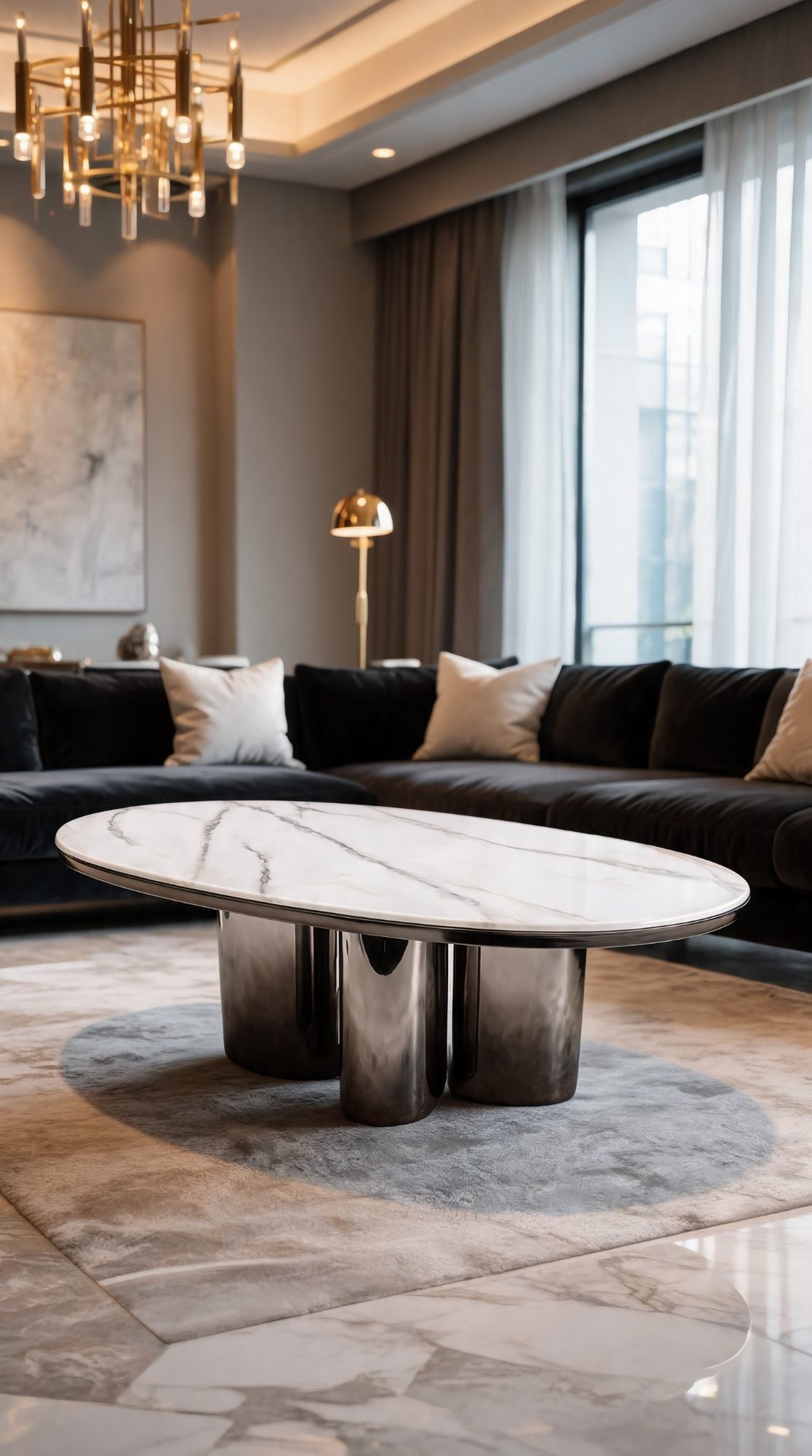 Table de Salon Ovale — Cadre Inoxydable & Plateau en Marbre