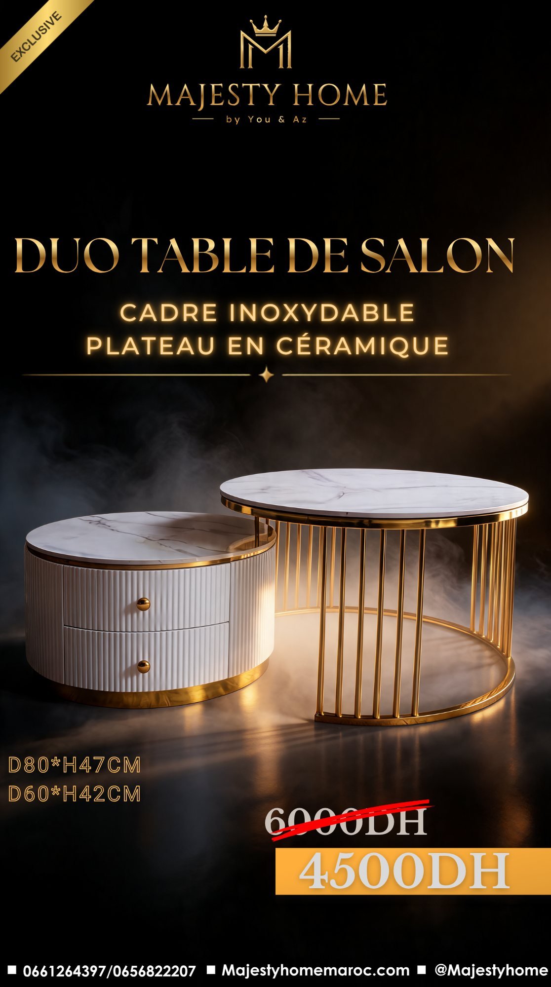 Duo Table de Salon — Cadre Inoxydable, Plateau en Céramique