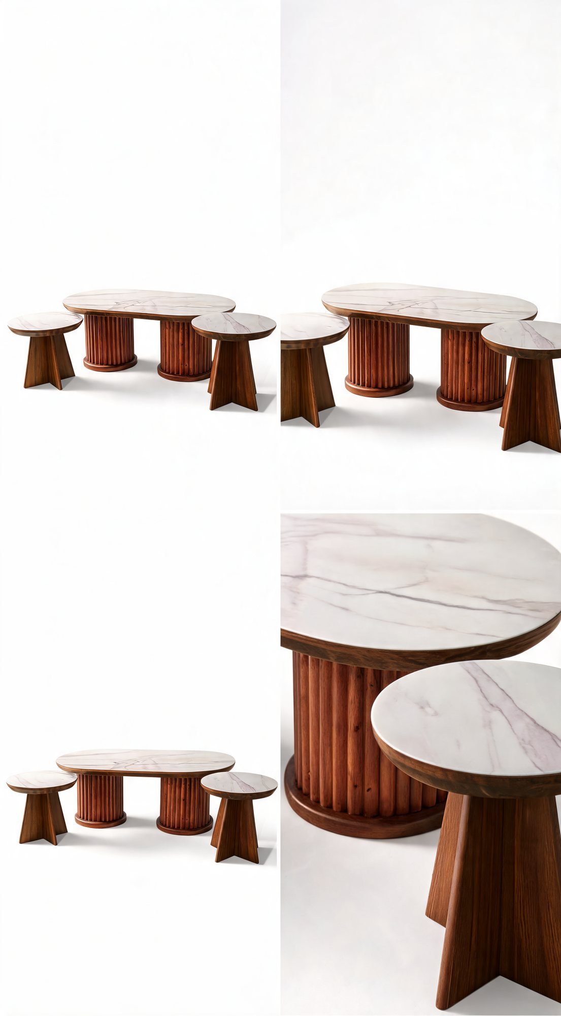 Trio Table Basse — Plateau en Bois Décoré en Marbre — Majesty Home Casablanca
