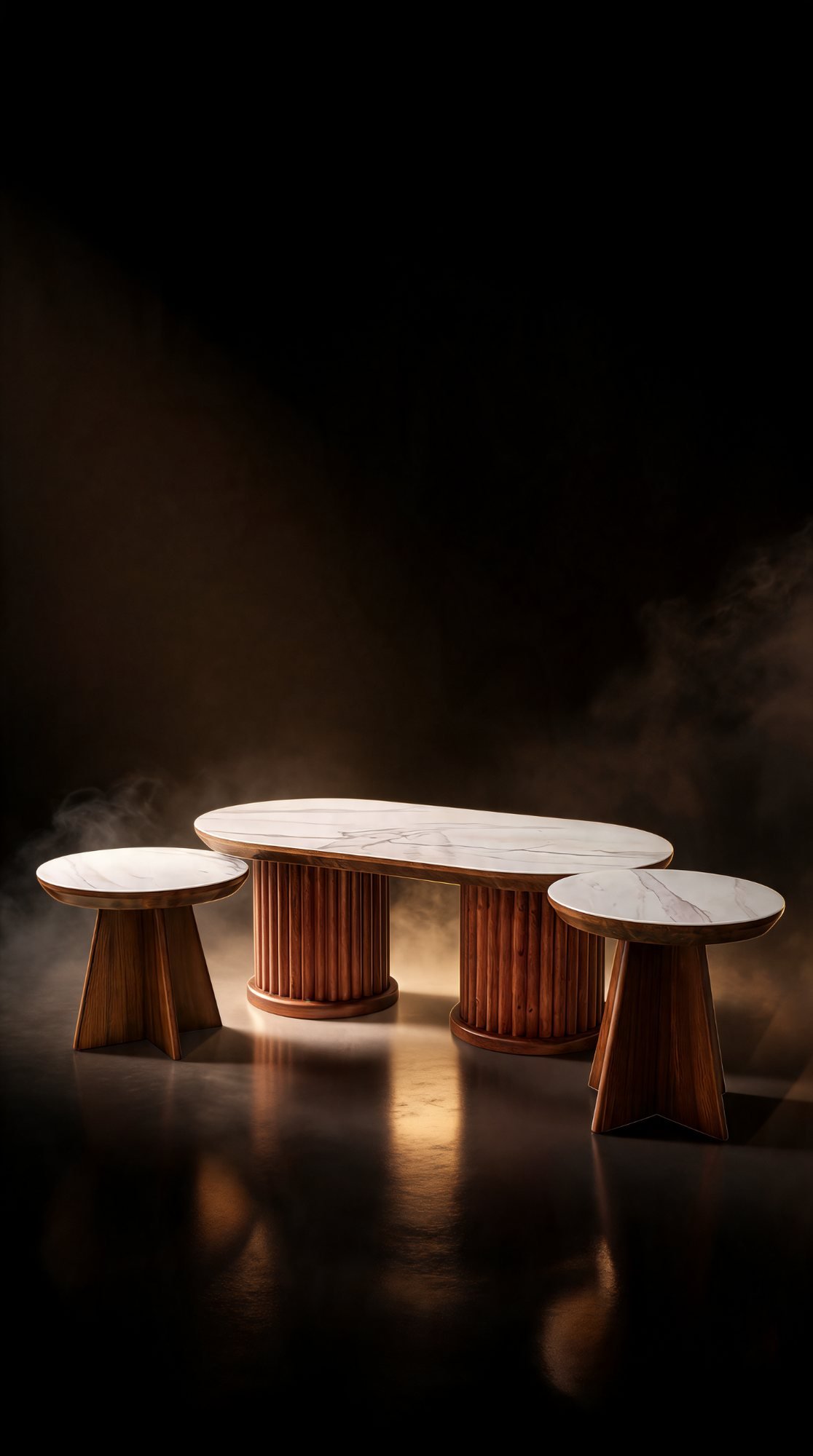 Trio Table Basse — Plateau en Bois Décoré en Marbre