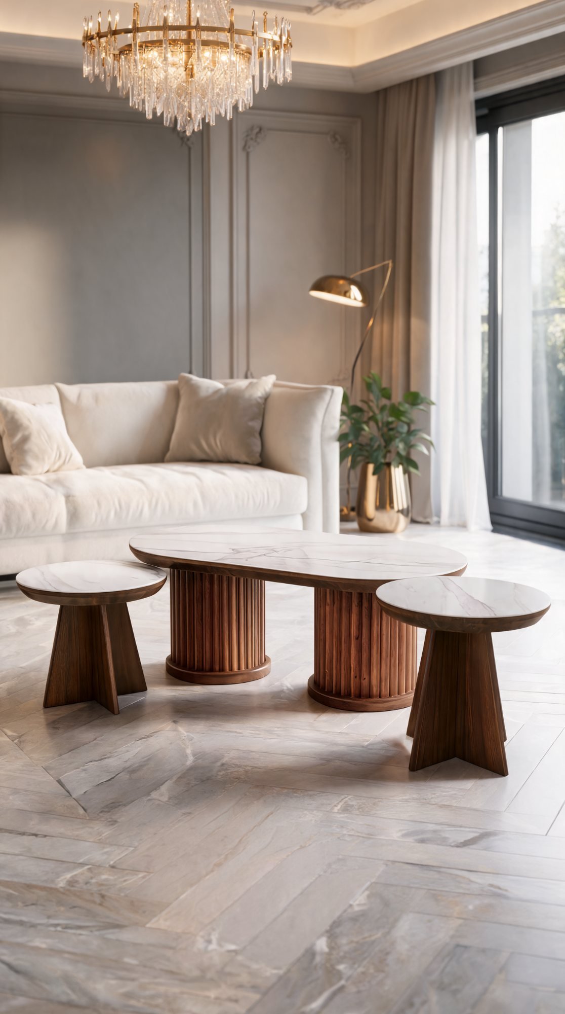 Trio Table Basse — Plateau en Bois Décoré en Marbre