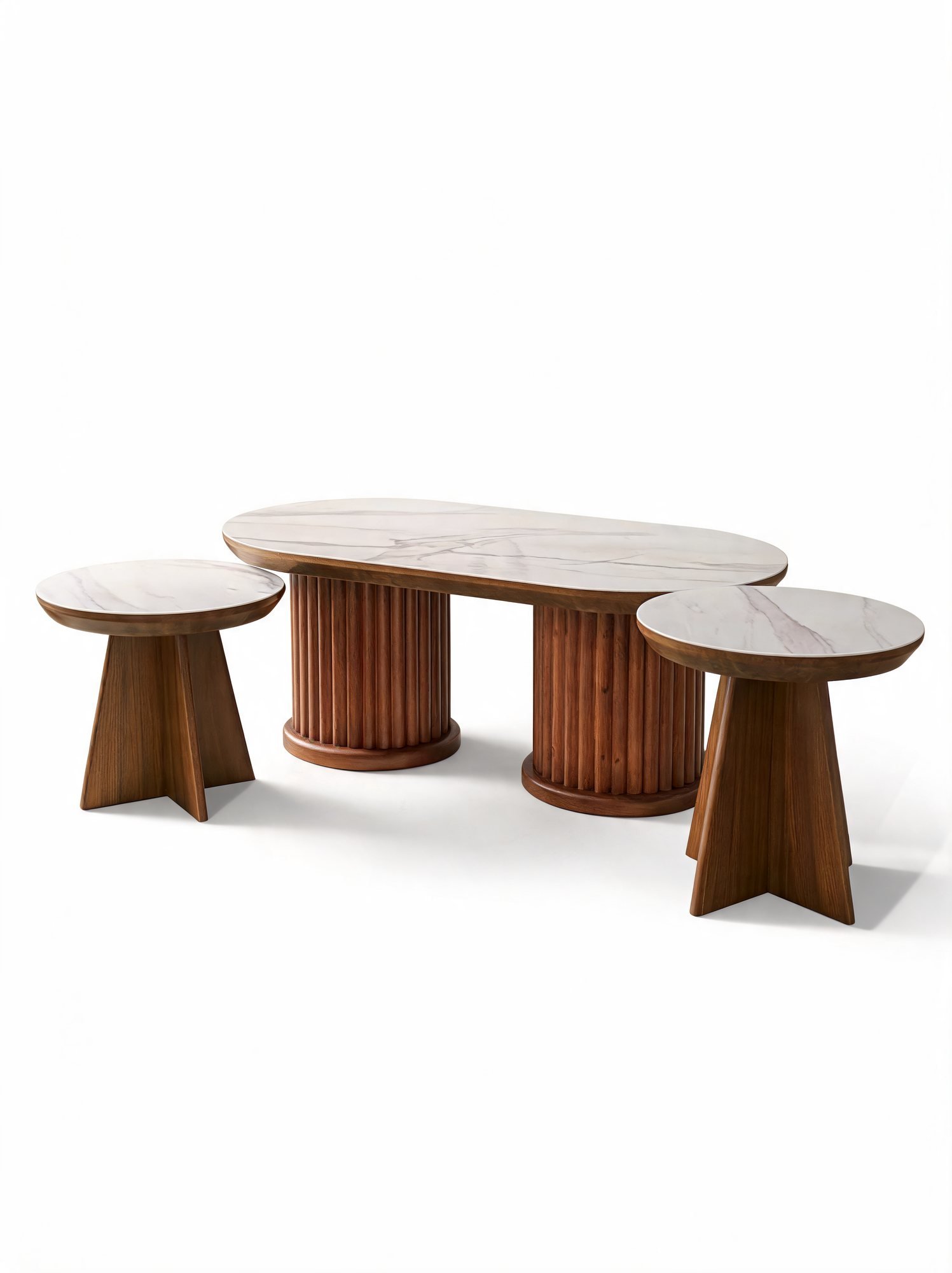 Trio Table Basse — Plateau en Bois Décoré en Marbre