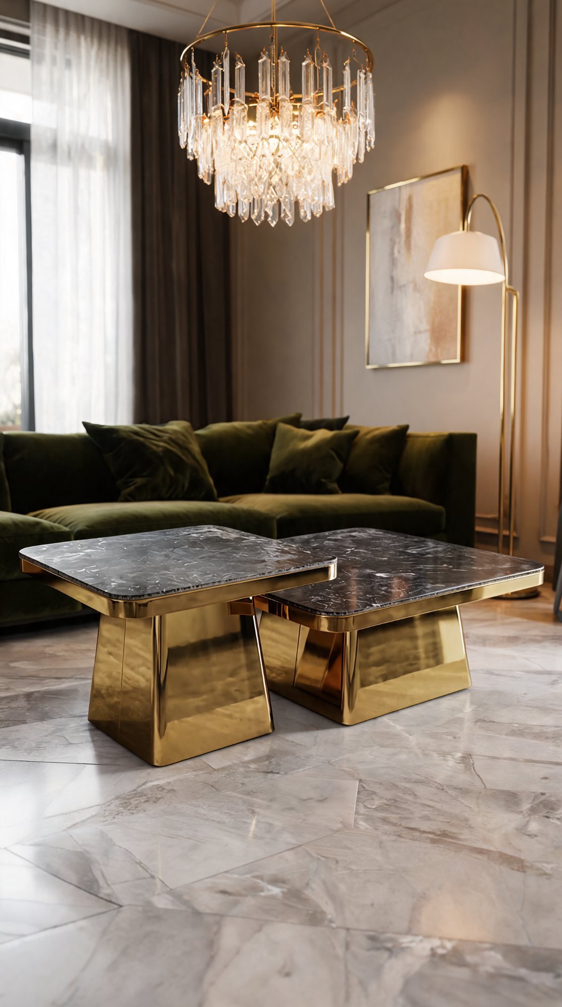 Duo Table de Salon — Cadre Inoxydable Doré, Plateau en Marbre