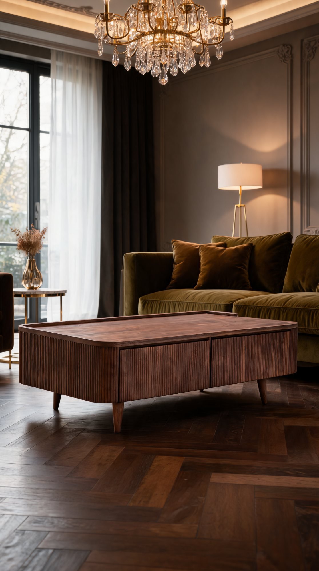 Table Basse Massif en Bois avec 4 Tiroirs