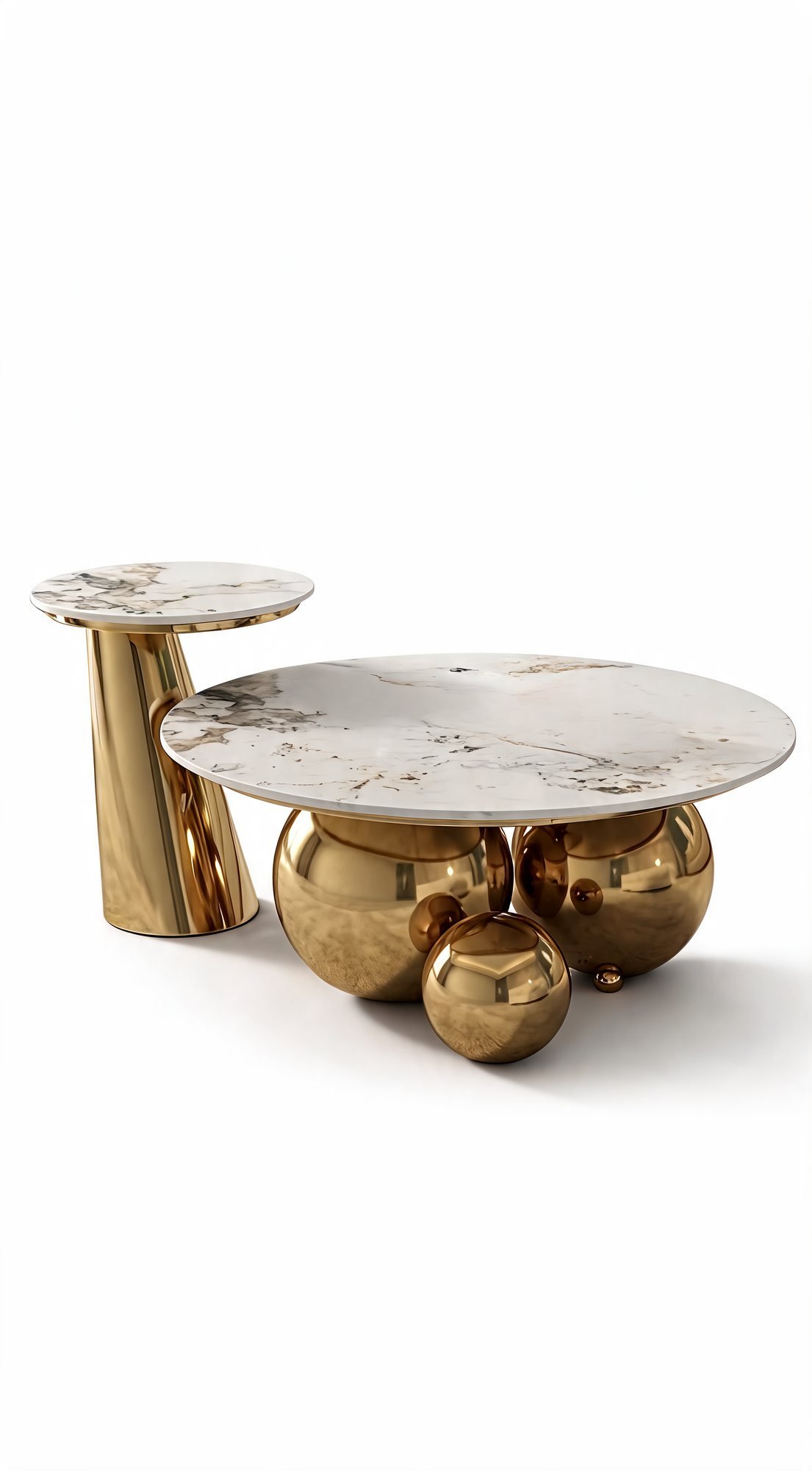 Table de Salon en Marbre — Duo Sculptural sur Sphères Dorées