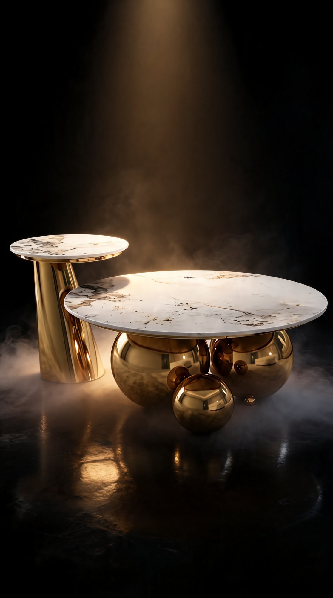 Table de Salon en Marbre — Duo Sculptural sur Sphères Dorées — Majesty Home Casablanca