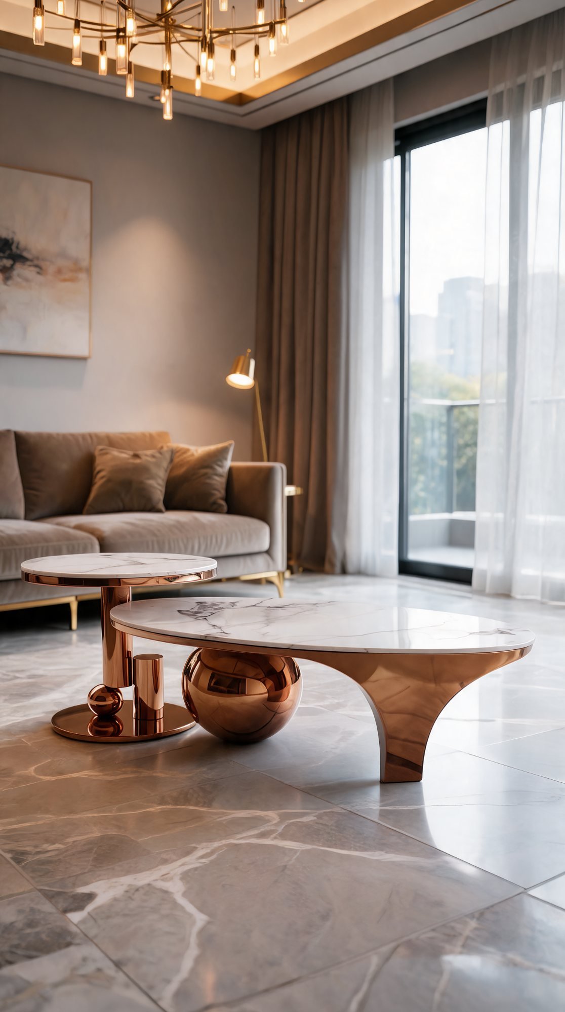 Duo Table de Salon — Plateau Organique & Sphères Dorées