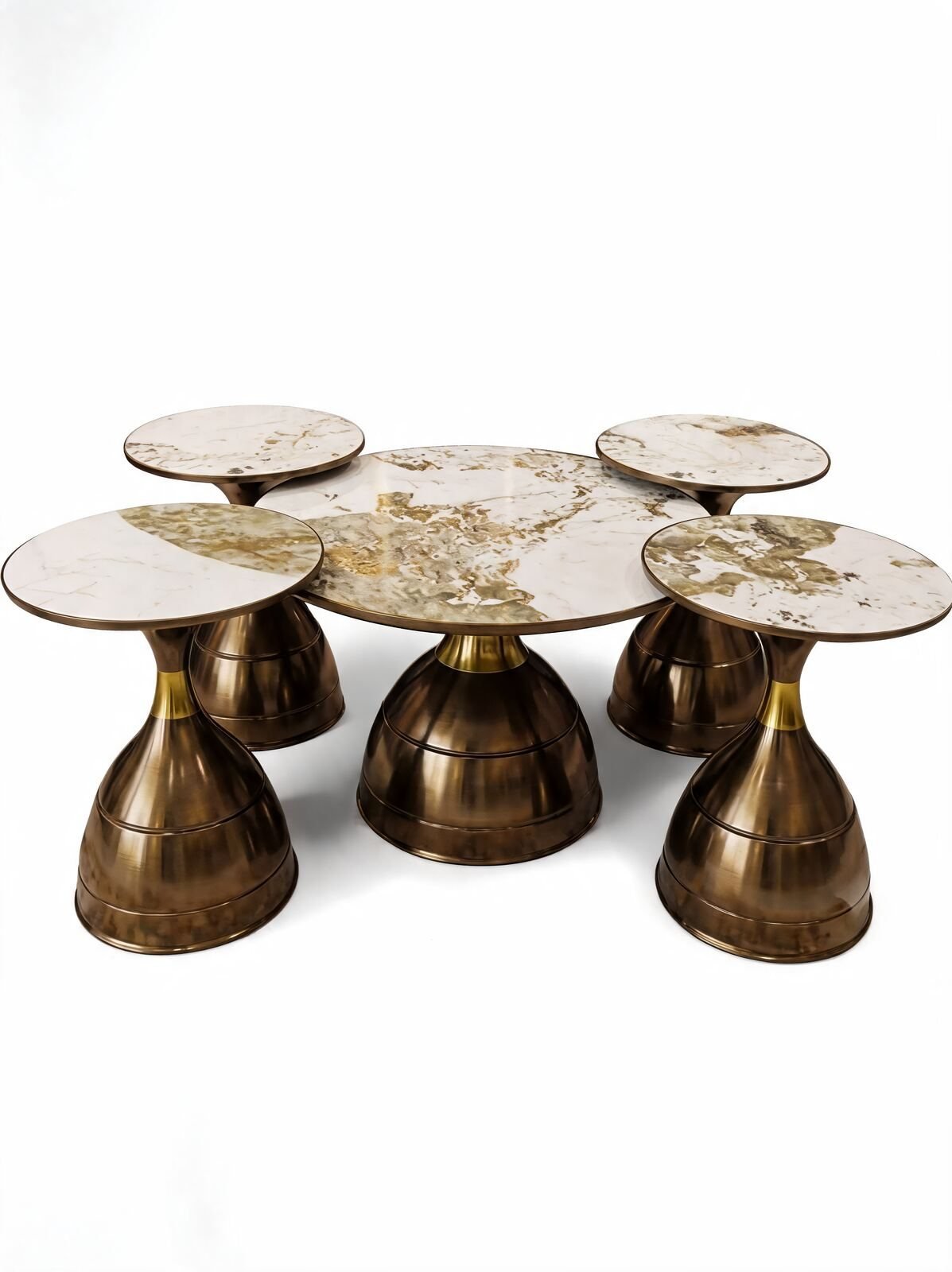 Table de Salon — 5 Tables Gigognes Bronze & Céramique Dorée