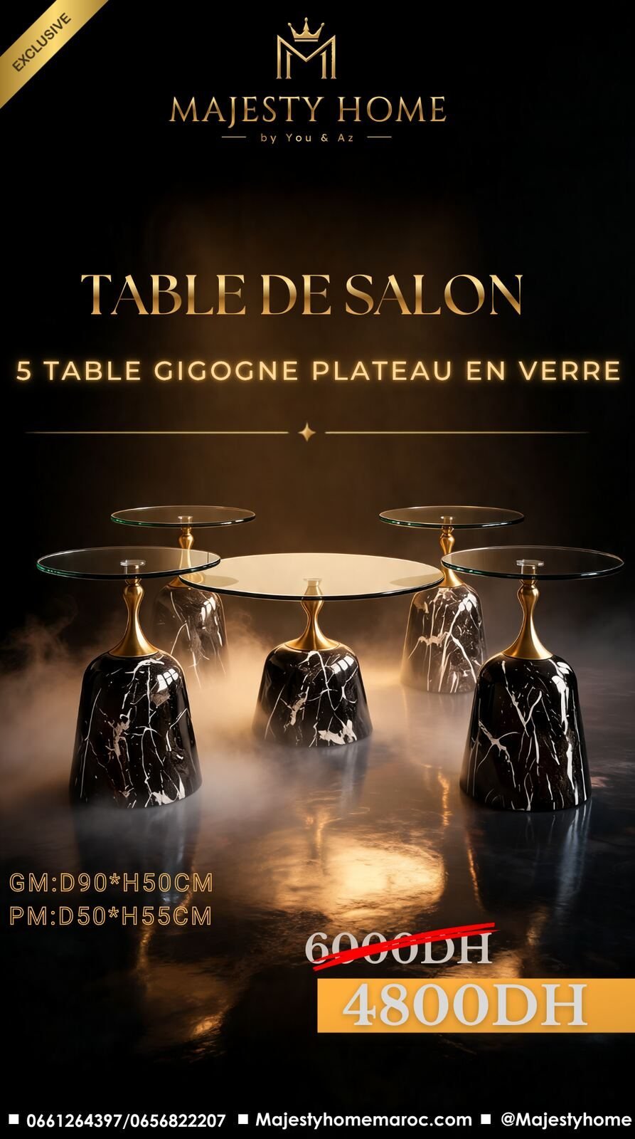 Table de Salon — 5 Tables Gigognes Marbre & Verre